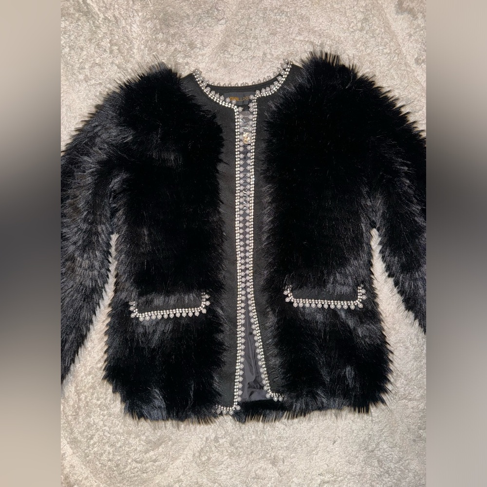 Black & white beaded faux fur Fashion Nova jacket for sale!